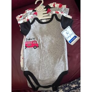 Baby Kiss Boys Fire Truck Bodysuits 5 Pack Grey Red White 3-6 Months NWT